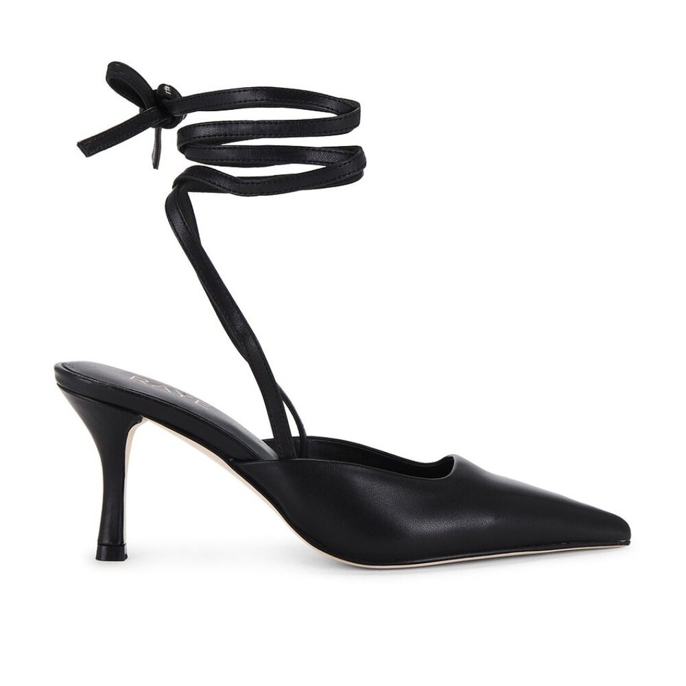 RAYE Malva Pump in Black pointed toe mid kitten heel ankle wrap around lace up